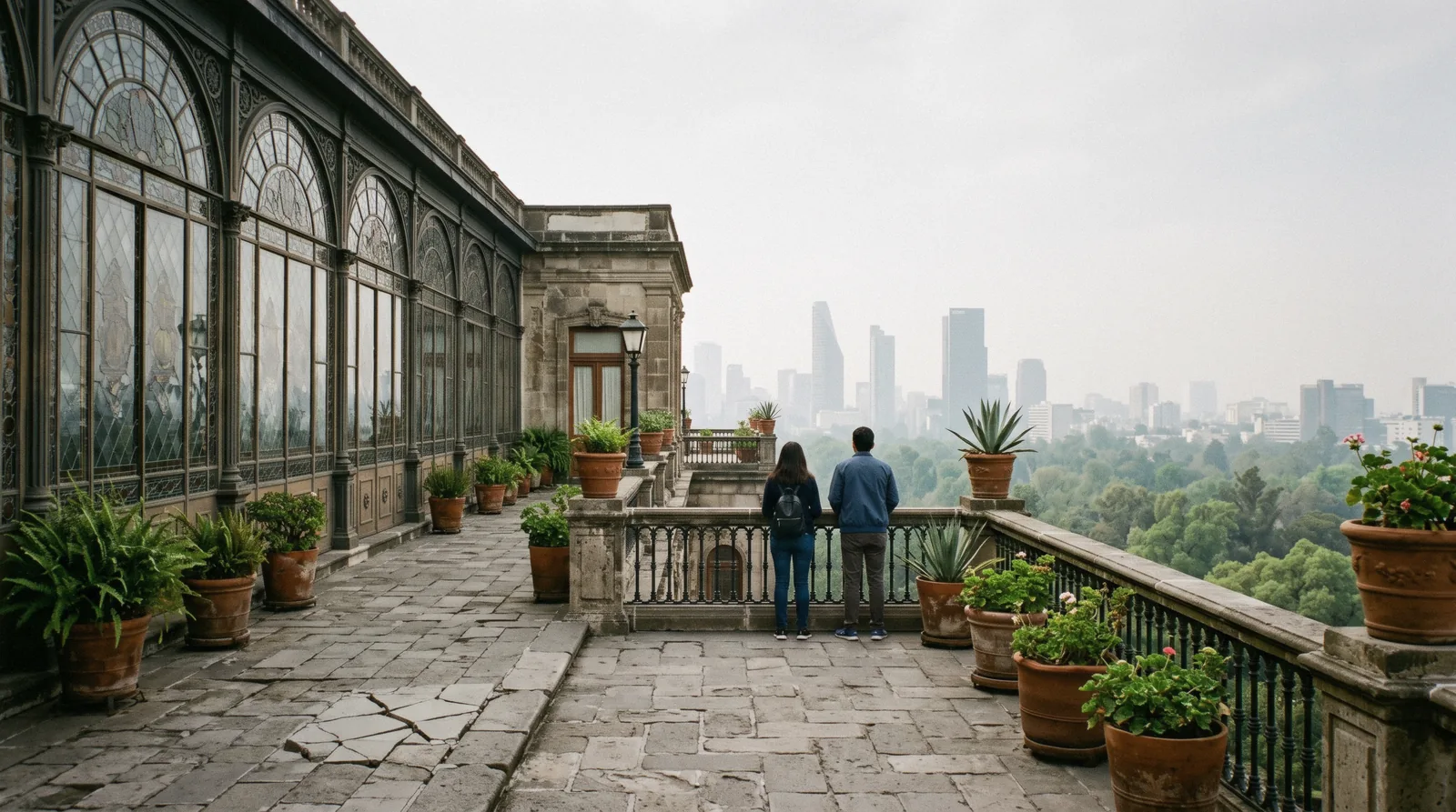 The terrace and stained-glass gallery of Chapultepec Castle above the trees of Chapultepec park, Mexico City