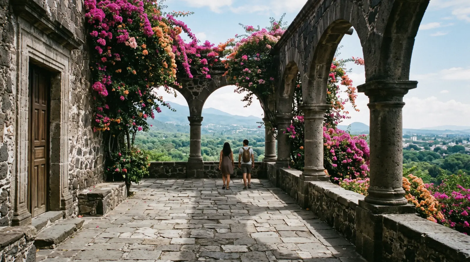 The arcaded terrace of the Palacio de Cortés in Cuernavaca with the valley behind, a day trip from Mexico City