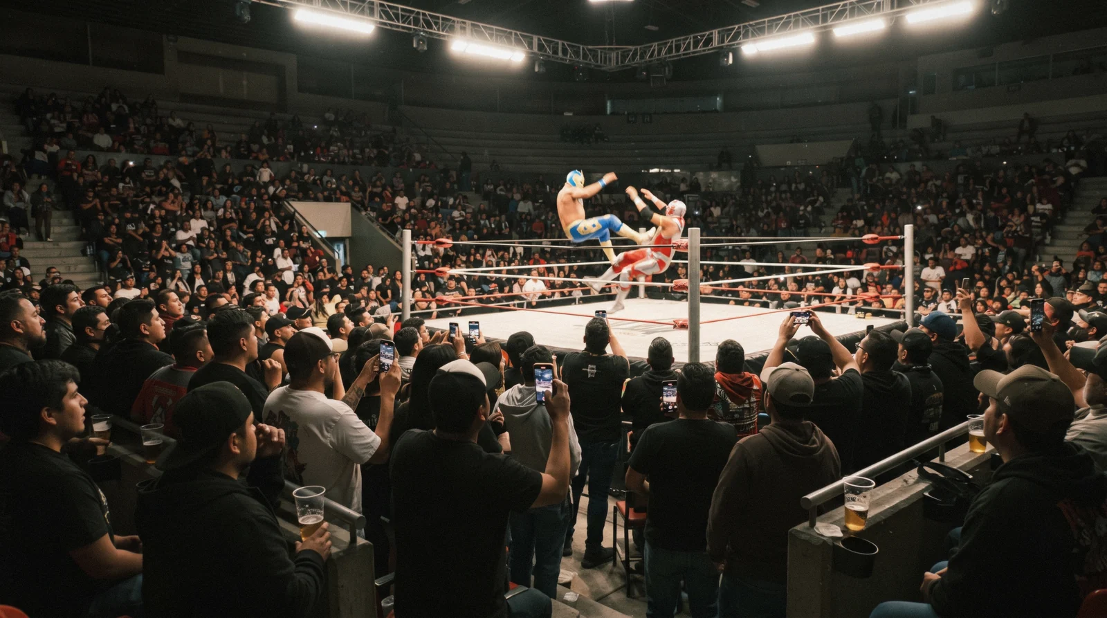 Masked wrestlers mid-air in the ring under the lights of Arena México at a lucha libre night, Mexico City