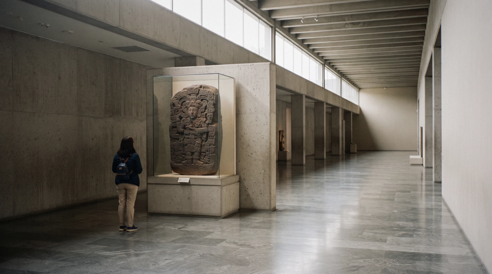 A visitor alone in a long modernist museum gallery, museums in Mexico City