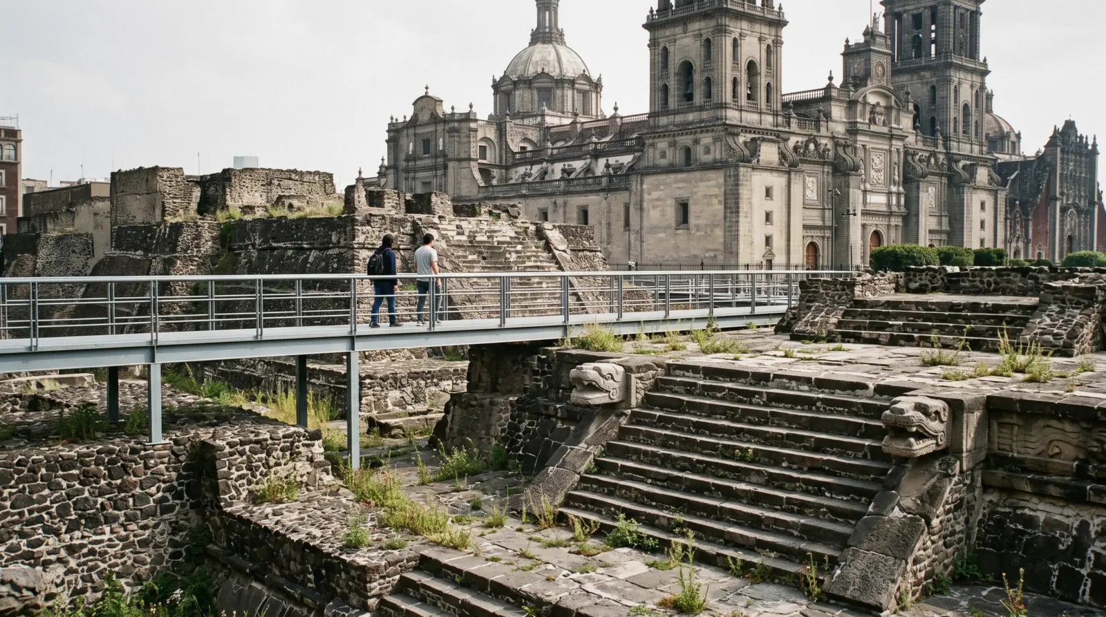 The excavated stone platforms of the Templo Mayor beside the Metropolitan Cathedral in the Centro Histórico, Mexico City