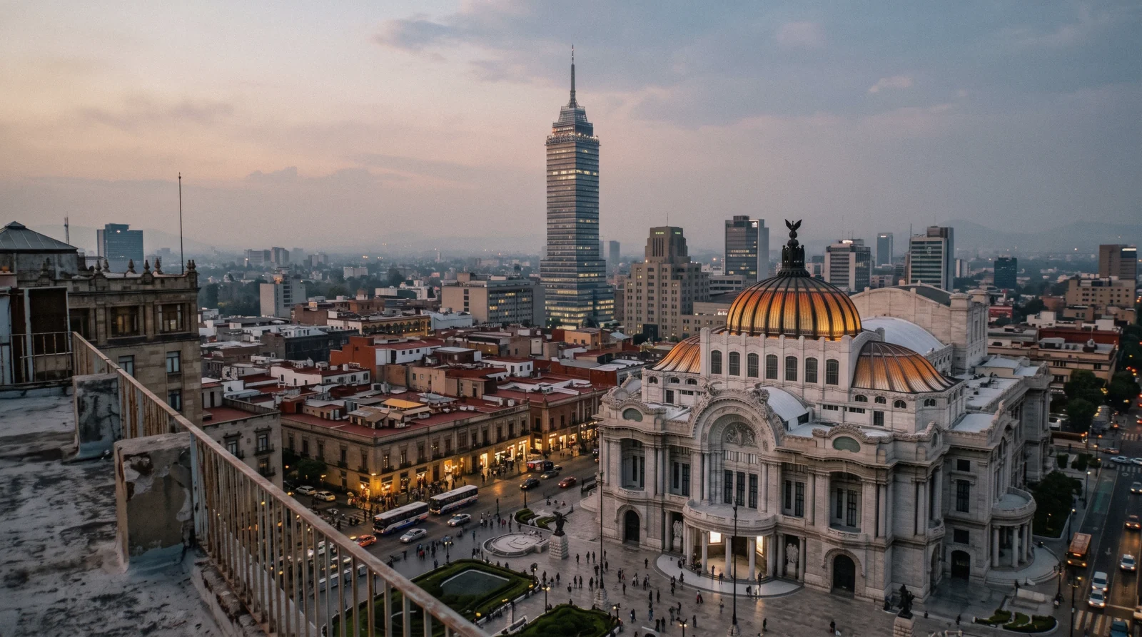 The Torre Latinoamericana rising over the Centro Histórico with the Palacio de Bellas Artes below it, Mexico City