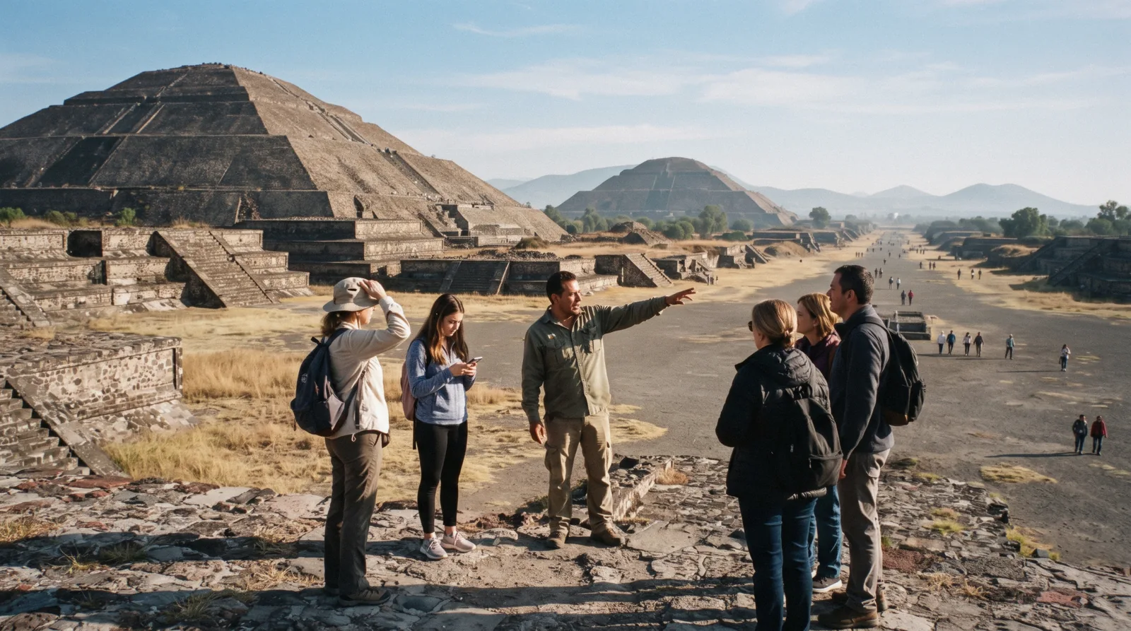 A guide pointing along the Avenue of the Dead to a small group at the Pyramid of the Moon, one of the Mexico City tours compared on this page